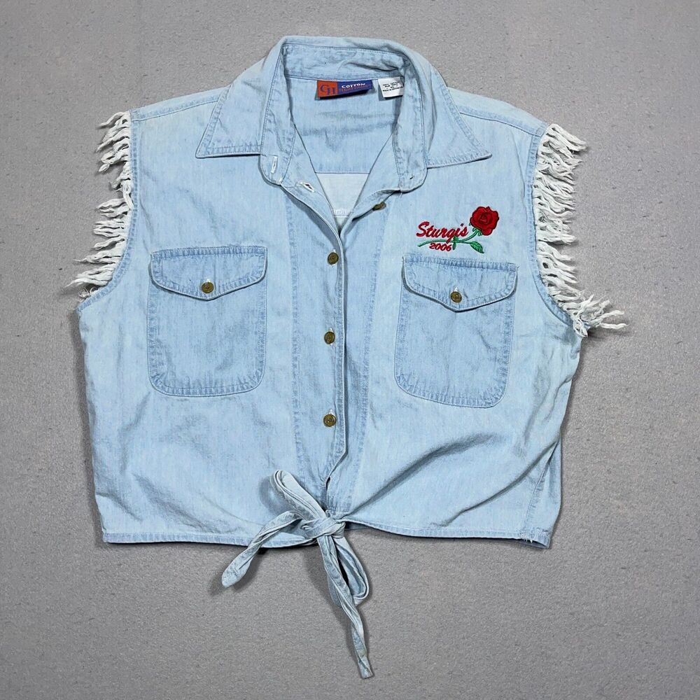 Sturgis 2006 Denim Cutt Off Shirt Women XL Fringe Tie Front Embroidered Rose‎